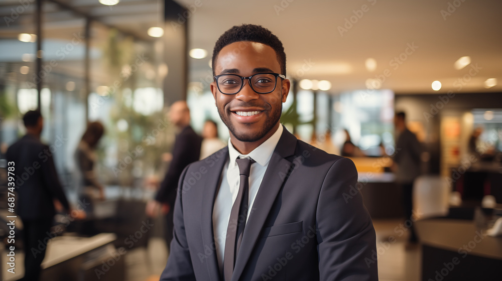 A handsome professional black man in glasses with a gorgeous smile standing in the office environment 