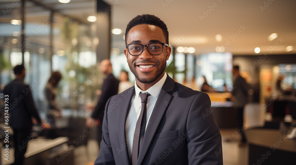 Fototapeta premium A handsome professional black man in glasses with a gorgeous smile standing in the office environment