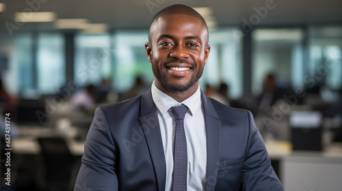 A handsome professional black man with a gorgeous smile standing in the office environment  © Anna