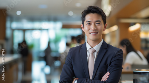 A handsome professional asian man with a smile standing in the office environment  © Anna