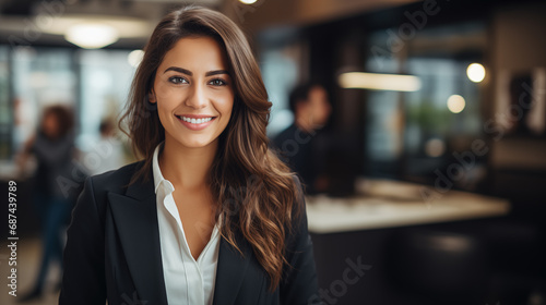 A beautiful professional brunette woman with a smile standing in the office environment 