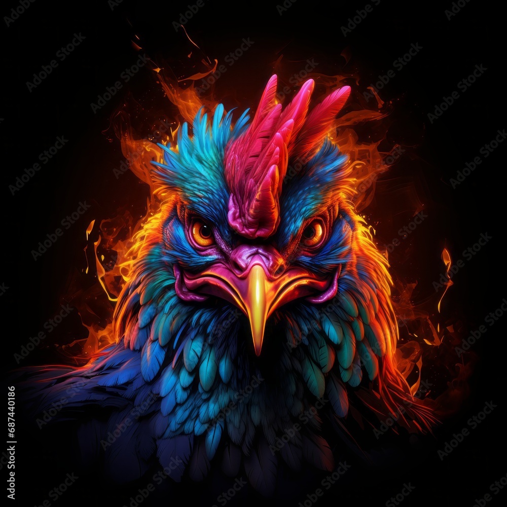 rooster with fire on the side - obrazy, fototapety, plakaty 