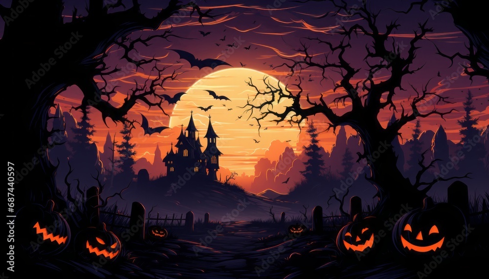 Creepy haunted house with pumpkins and bats Creepy haunted house with pumpkins and bats