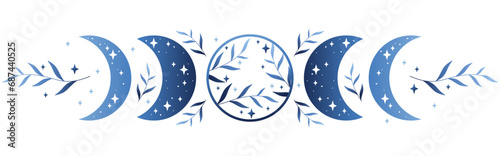 Blue floral moon phase vector illustration. Crescent and floral moon vintage logo design. 