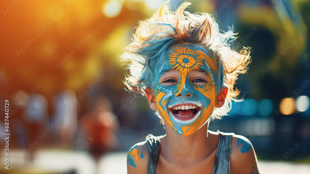 Happy boy with painted face on bright colorful background	
