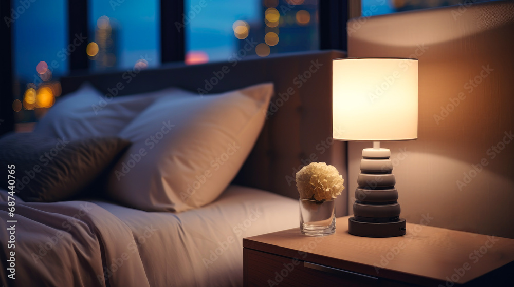 Close-up of a bright table lamp near the bed - obrazy, fototapety, plakaty 