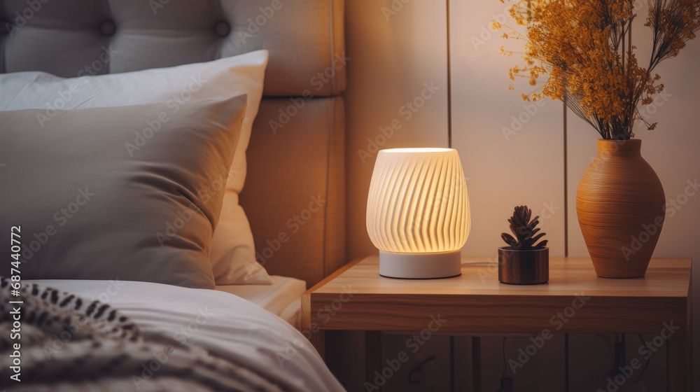 Close-up of a bright table lamp near the bed - obrazy, fototapety, plakaty 