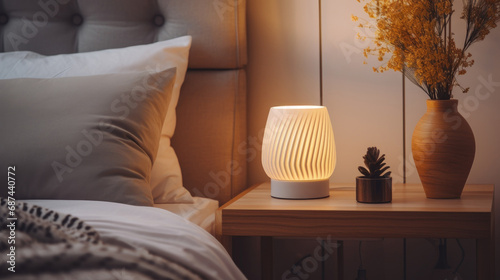 Close-up of a bright table lamp near the bed