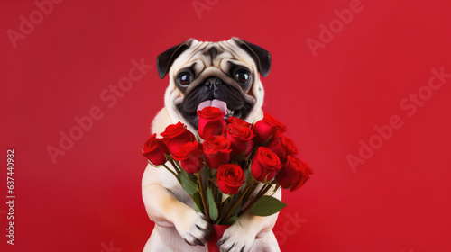 Dog with a bouquet of roses on a red background