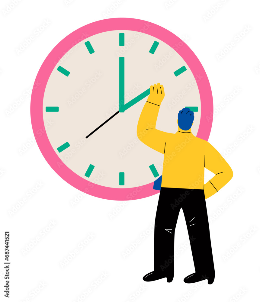 Business man standing with clock adjusts time. Time control concept. Flat vector illustration isolated on white background