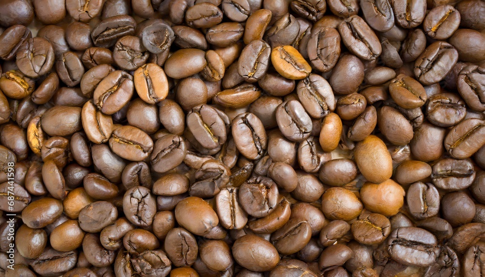 Close up of a bunch of coffee beans background top view; roasted dark brown coffe seeds