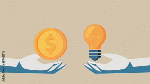 Dollar coin in the palm. On the other hand, a light bulb. Image of paying for ideas.