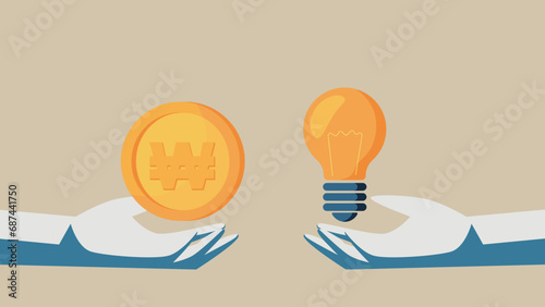 Korean currency won in the palm of your hand. On the other hand, a light bulb. An image of paying for an idea.