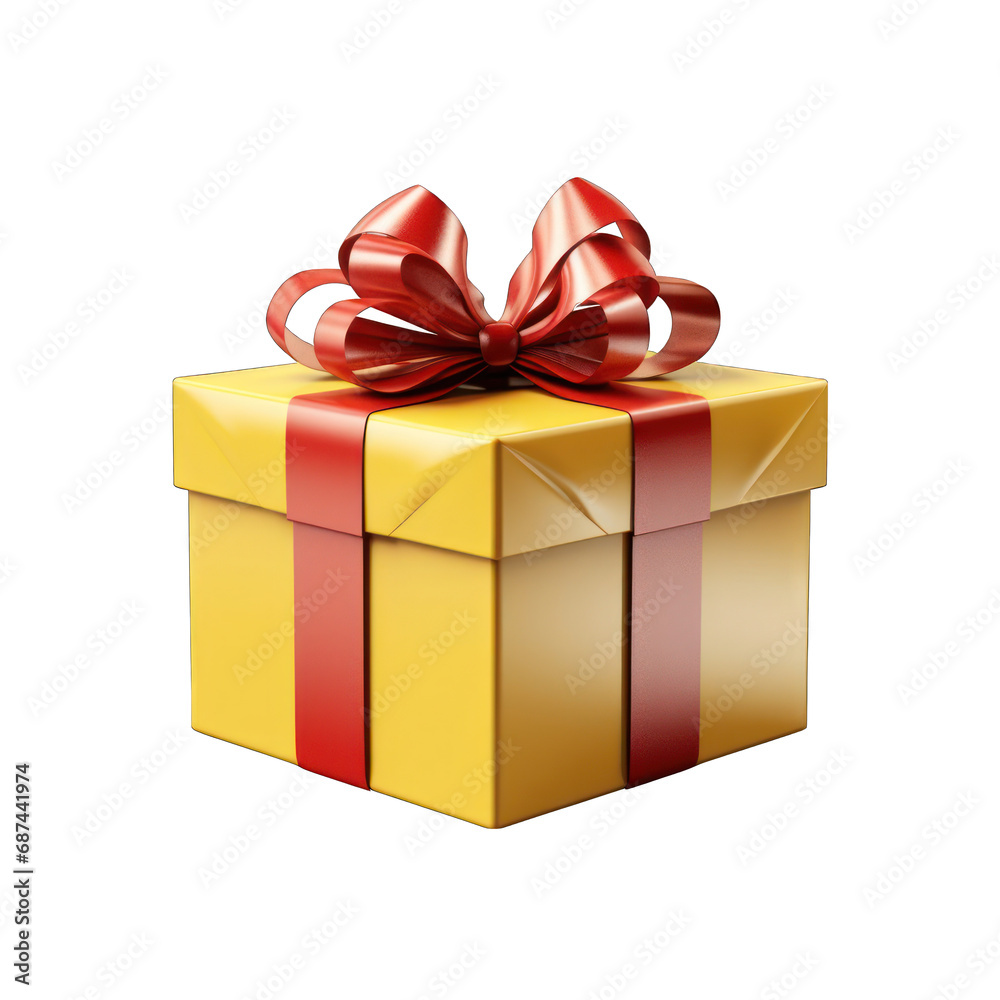 Yellow Gift Box with Red Bow Isolated on Transparent or White Background, PNG Yellow Gift Box with Red Bow Isolated on Transparent or White Background, PNG