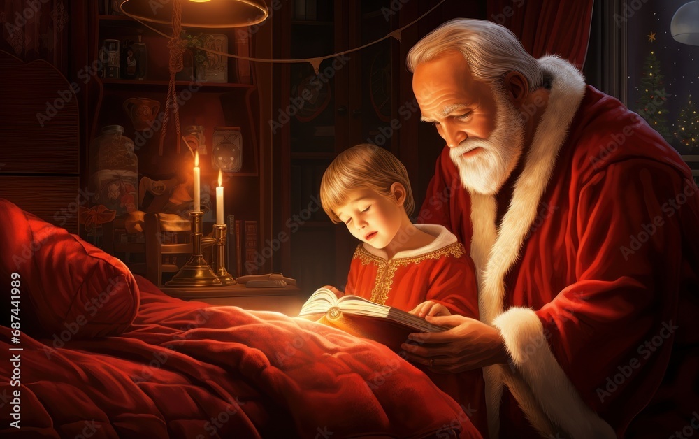 Saint Nicholas reading a book to a little boy on Christmas night, fairy-tale atmosphere AI