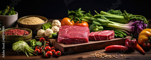 Delicious fresh raw beef steak with tomatoes, potatoes, vegetables, rosemary and spices on amazing wooden board background. 