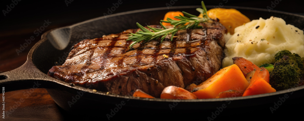 Delicious freshly made beef steak with mashed potatoes served on amazing iron pan. 