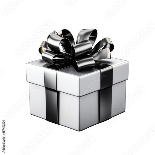 Silver Gift Box with Black Bow Isolated on Transparent or White Background, PNG photo
