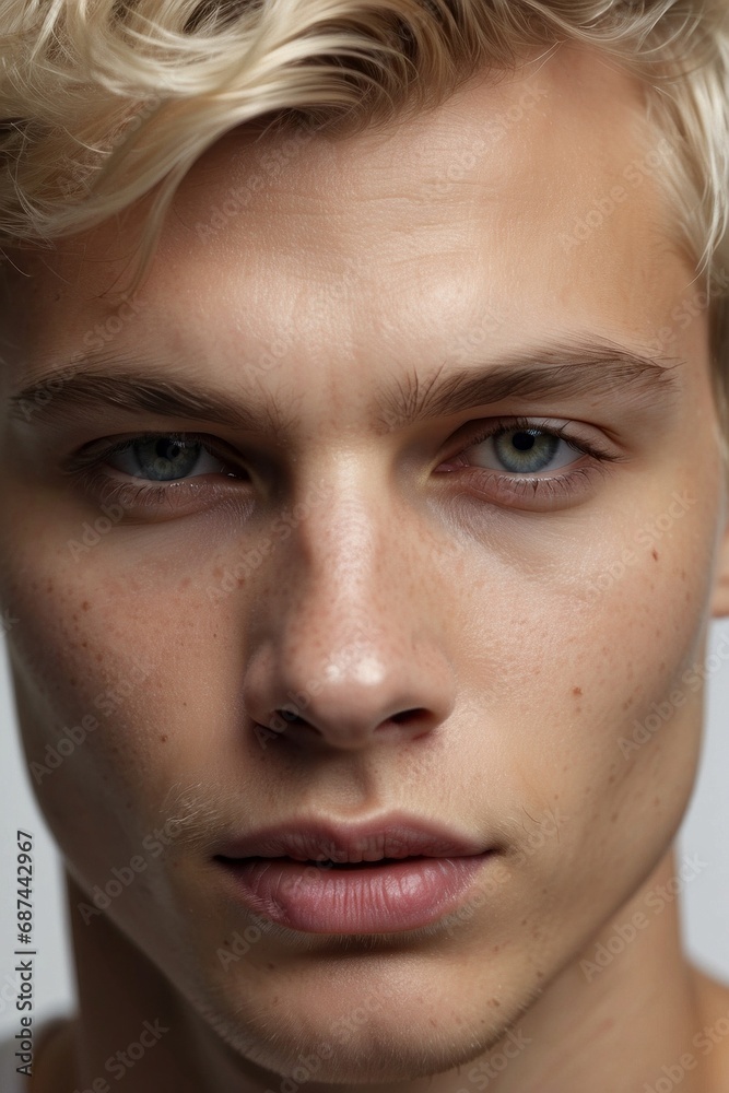 Close-up cropped portrait of the face of a handsome blond male model with blue eyes, expressive cheekbones, plump lips. A direct look. Close-up cropped portrait of the face of a handsome blond male model with blue eyes, expressive cheekbones, plump lips. A direct look.
