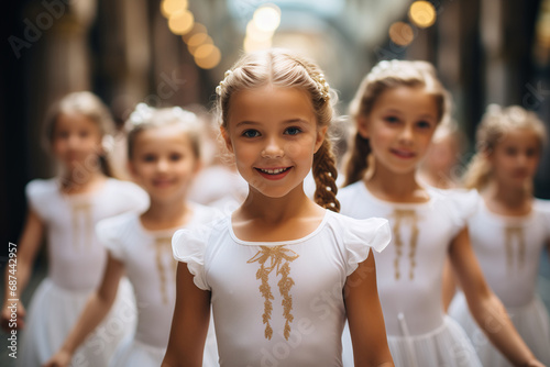 Portrait of adorable little ballerinas, in white costumes, with group of other girls, in theater or concert hall before performance in dance suits