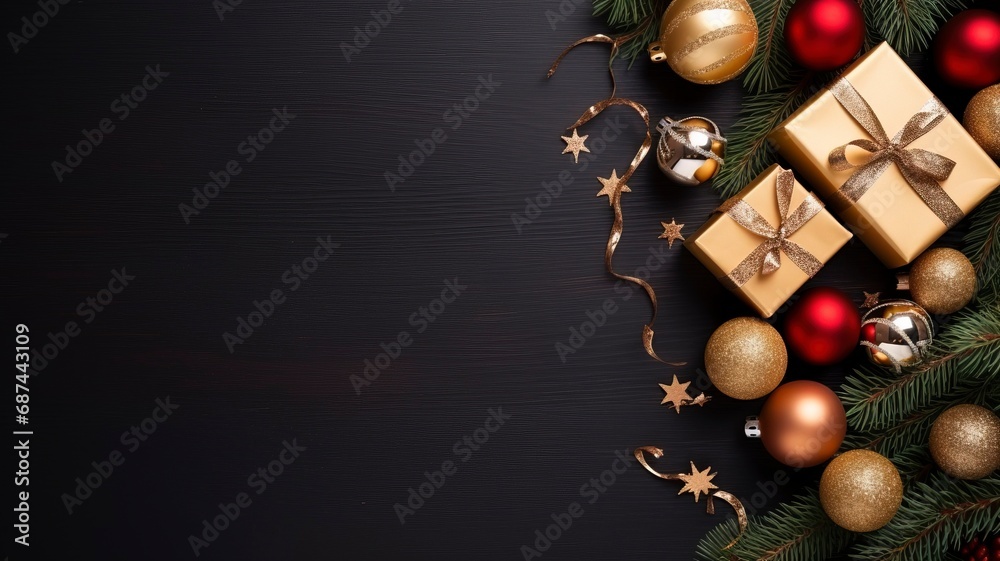 Naklejka premium bright flat lay stock Christmas photo with copy space, realistic lighting, photorealistic made by generative ai