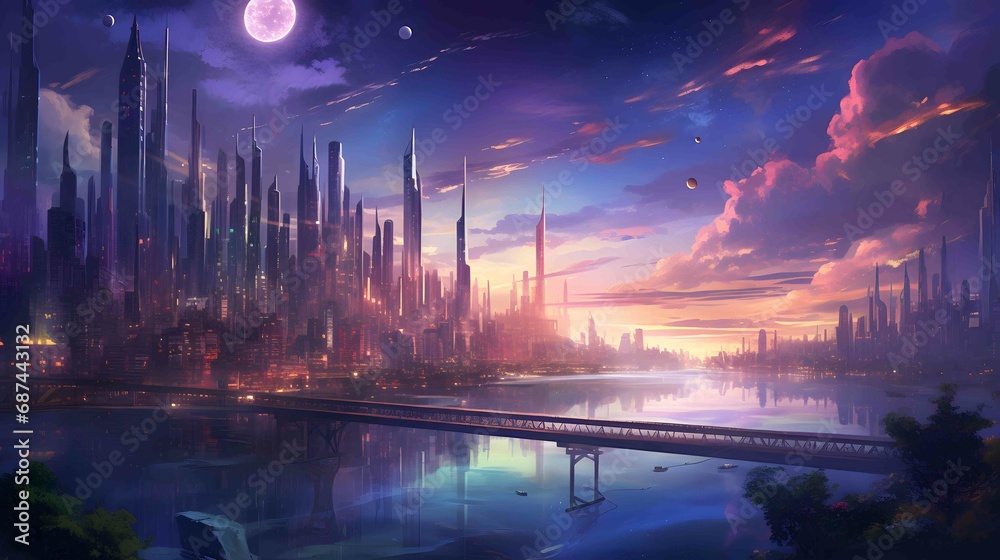 futuristic urban skyline at twilight