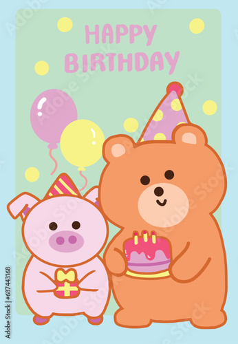 Cute Bear and pig Happy Birthday cartoon style.
