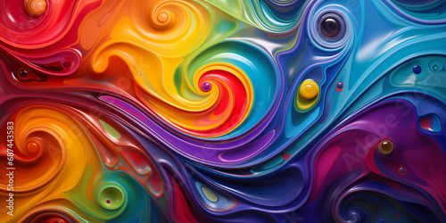 3d abstract wallpaper. Liquid metal rainbow waves banner. Three dimensional rainbow colored swirls background photo