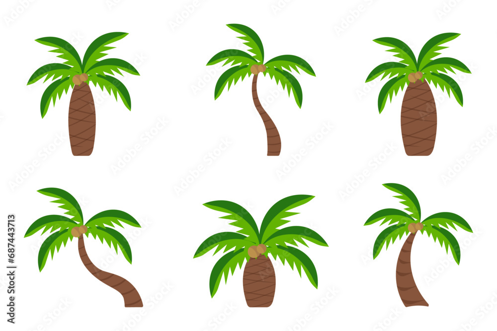 Flat vector set of palm trees. Plants of the tropical forest. Landscape elements for a mobile game.