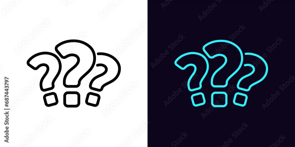 Outline 3 questions icon, with editable stroke. Question marks, FAQ support, answer searching, questionnaire. Find problem decision. Unknown surprise, secret, mystery. Quest, puzzle, quiz. Vector icon - obrazy, fototapety, plakaty 