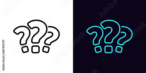 Outline 3 questions icon, with editable stroke. Question marks, FAQ support, answer searching, questionnaire. Find problem decision. Unknown surprise, secret, mystery. Quest, puzzle, quiz. Vector icon photo