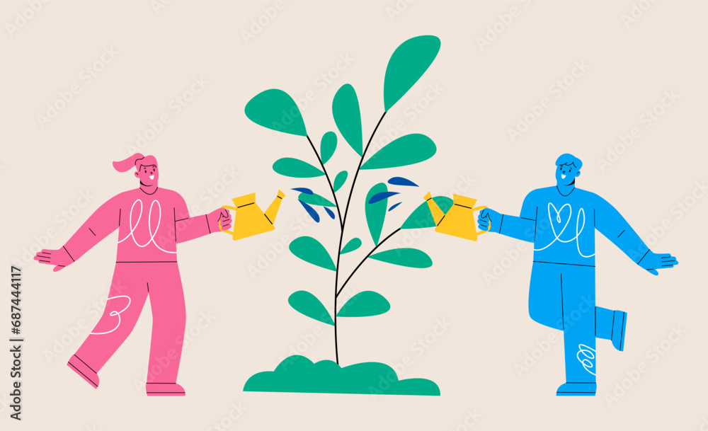 Woman and man is watering plant. World environment day, biotechnology, green planet, earth with trees growing on it, ecology. Colorful vector illustration Woman and man is watering plant. World environment day, biotechnology, green planet, earth with trees growing on it, ecology. Colorful vector illustration