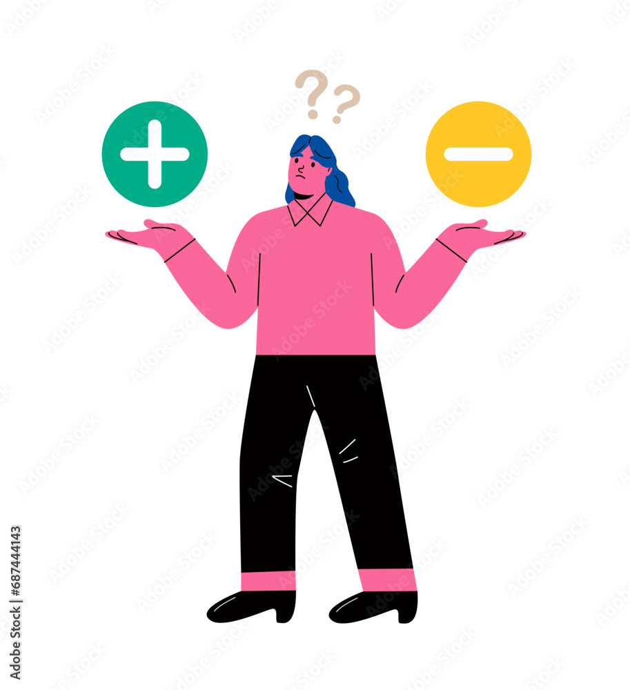 Business woman hold plus and minus symbols. Pros and cons advantage ...