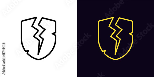 Outline cracked shield icon, with editable stroke. Broken shield, protection hack, damage system security. Hacking attempt, cyber attack, data guard destroy. Weak security, bad safety. Vector icon