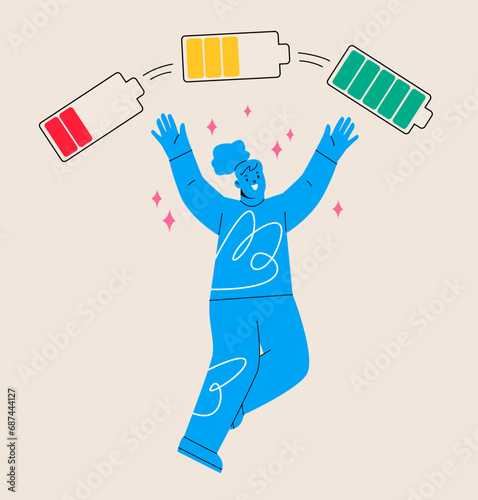 Woman with a high level of life battery charge indicator. Human energy boost concept. Colorful vector illustration