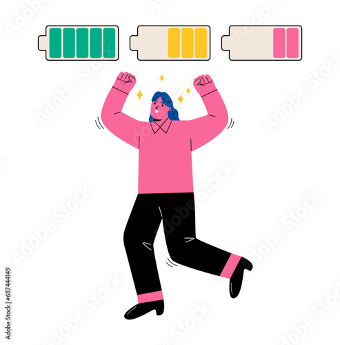 Business woman with a high level of life battery charge indicator. Human energy boost concept. Flat vector illustration isolated on white background