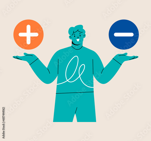 Man hold plus and minus symbols. Pros and cons advantage comparison. Colorful vector illustration