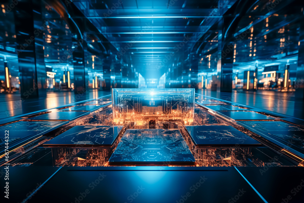 Sala de servidor cuantico, alta tecnologia, computadora del futuro con AI - obrazy, fototapety, plakaty 