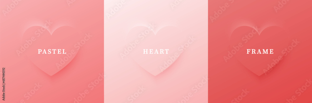 Set of abstract 3D heart, different color 3D heart shape frame design. Collection of geometric backdrop for cosmetic product display. Top view. Vector illustration