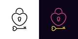 Outline love lock icon, with editable stroke. Heart lock with key and keyhole. Unlock love, open you heart. Key to passion, health and happiness. Fondness and feelings under lock. Vector icon