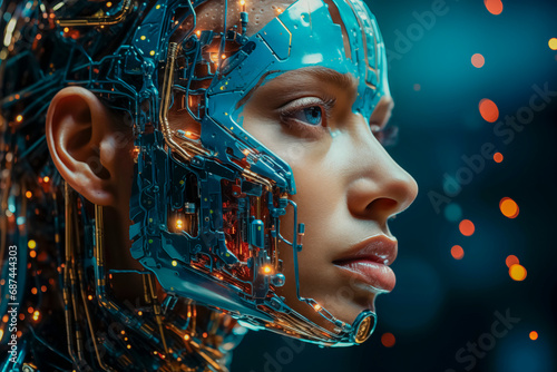 Humanoide, medio humano-robot capacitado con AI, implante robótico en la cabeza conectado con el cerebro para dotar de inteligencia artificial