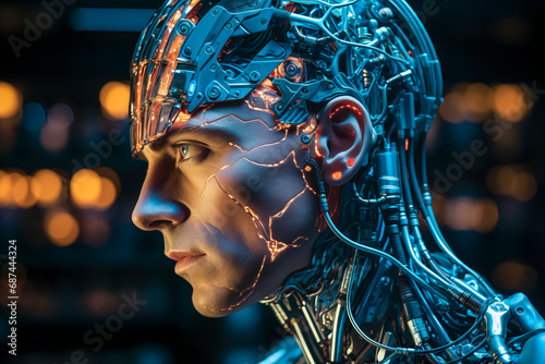 Humanoide, medio humano-robot capacitado con AI, implante robótico en la cabeza conectado con el cerebro para dotar de inteligencia artificial