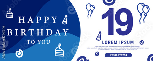 19 year celebration Creative Happy Birthday Text. Blue color decorative banner design, Vector illustration.