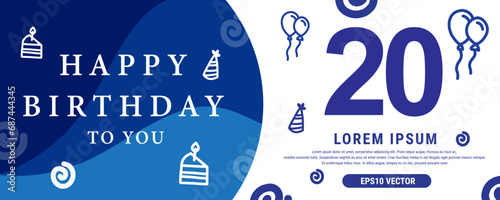 20 year celebration Creative Happy Birthday Text. Blue color decorative banner design, Vector illustration.