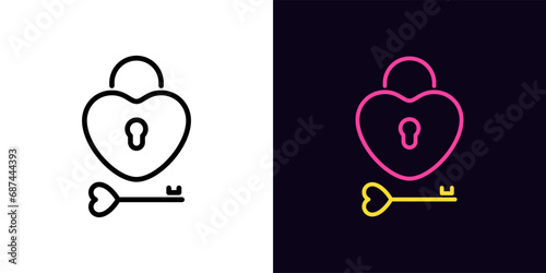 Outline love lock icon, with editable stroke. Heart lock with key and keyhole. Unlock love, open you heart. Key to passion, health and happiness. Fondness and feelings under lock. Vector icon photo