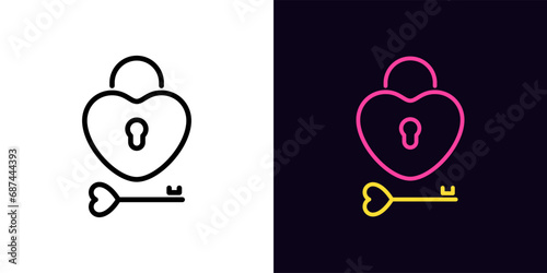 Outline love lock icon, with editable stroke. Heart lock with key and keyhole. Unlock love, open you heart. Key to passion, health and happiness. Fondness and feelings under lock. Vector icon