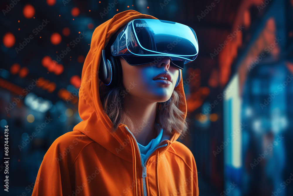 A girl wearing VR headset user, surreal world and virtual reality, girl wearing VR glasses and futuristic coat, in virtual world in the future metaverse. 