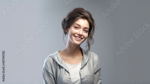 hyper realistic beauty of a 3D rendered girl with white t shirt on light gray background. This three dimensional masterpiece captures essence of elegance and sophistication. Generative AI.