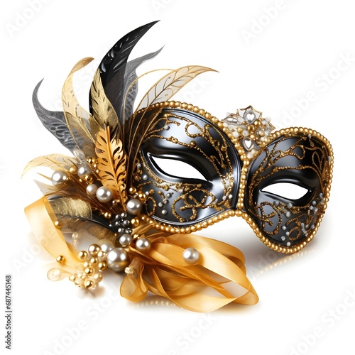 Black venetian theatre mask with musical notes and gold decorations isolated on white background 