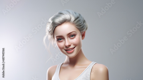 hyper realistic beauty of a 3D rendered girl with white t shirt on light gray background. This three dimensional masterpiece captures essence of elegance and sophistication. Generative AI.
